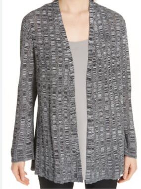 Eileen Fisher Black & White Open-Front Silk & Organic Linen Cardigan Size Large